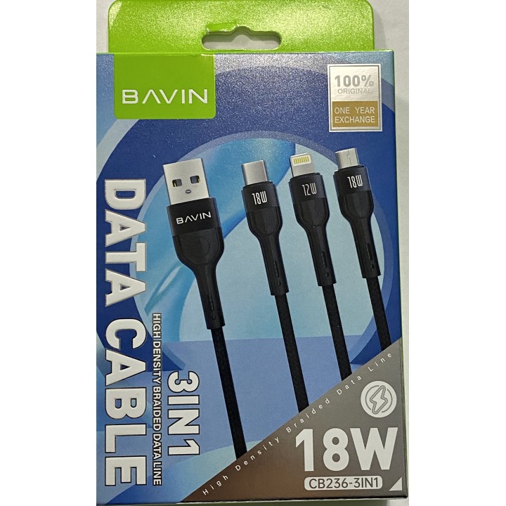 USB кабель быстрой зарядки и передачи данных для телефона BAVIN CB236, 3 в 1, 18W MICRO/LIGHTNING/TYPE-C 1метр