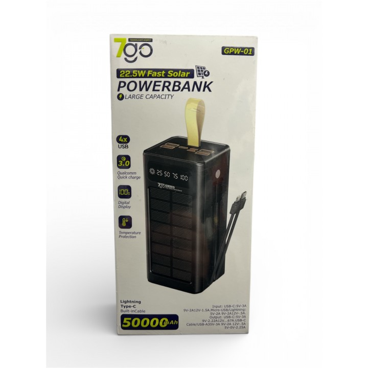 Powerbank 7GO GPW-01 50000mAh, Solar, Fastcharge PD22.5W, Li-pol, LCD Display, Вхід:Type-C, Вихід: 2xUSB Type-C, 4xUSB Type-A