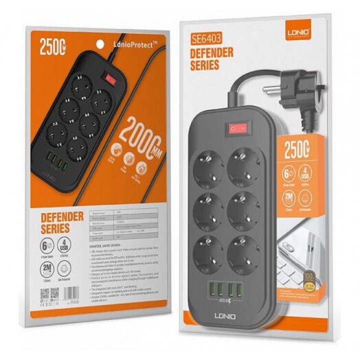 Подовжувач Ldnio SE6403 на 6 євро розетки 2500W 10A, і 4 USB портів для зарядки, 3,4 А, шнур: 1.6 м