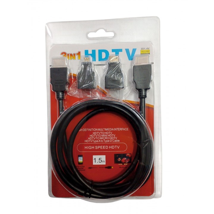 Кабель hdmi m/m 1.4v с переходниками mini hdmi/micro hdmi 1.5 метра
