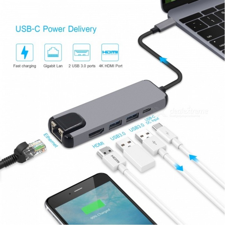 USB Type-C хаб (концентратор) BYL-2007 Metal 5in1 Grey