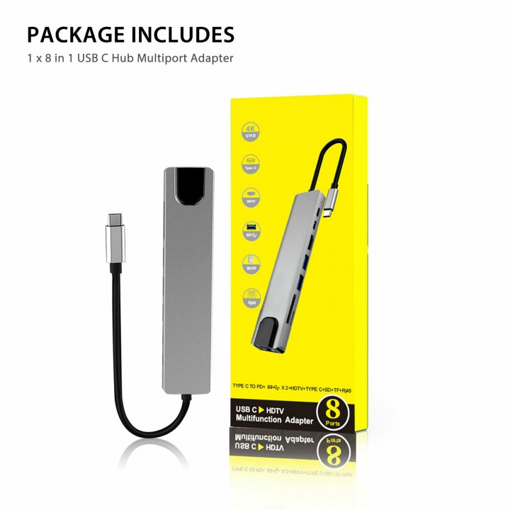 Конвертер-Концентратор HUB 8 In 1 USB Type C Adapter with 4K HDMI Port Ethernet RJ45 (8 ports) 