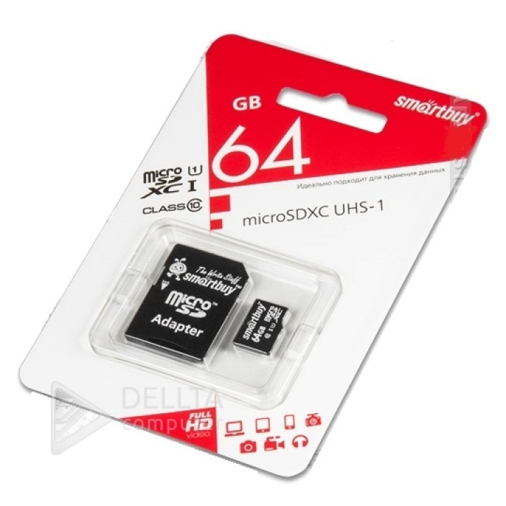 Micro SD карта памяти Smartbuy 64GB UHS-1 10 класс с адаптером