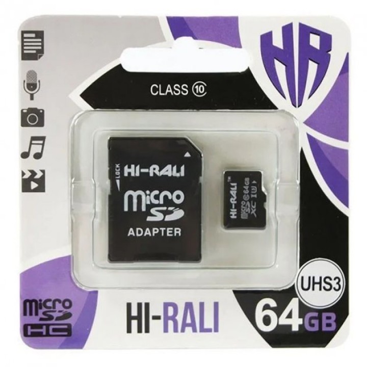 Micro SD карта памяти Hi-Rali 64GB  UHS-3 10 класс с адаптером