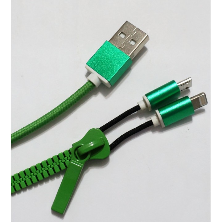 Кабель Usb 2in1 змейка (Iphone/micro) lighting+v8 зеленый